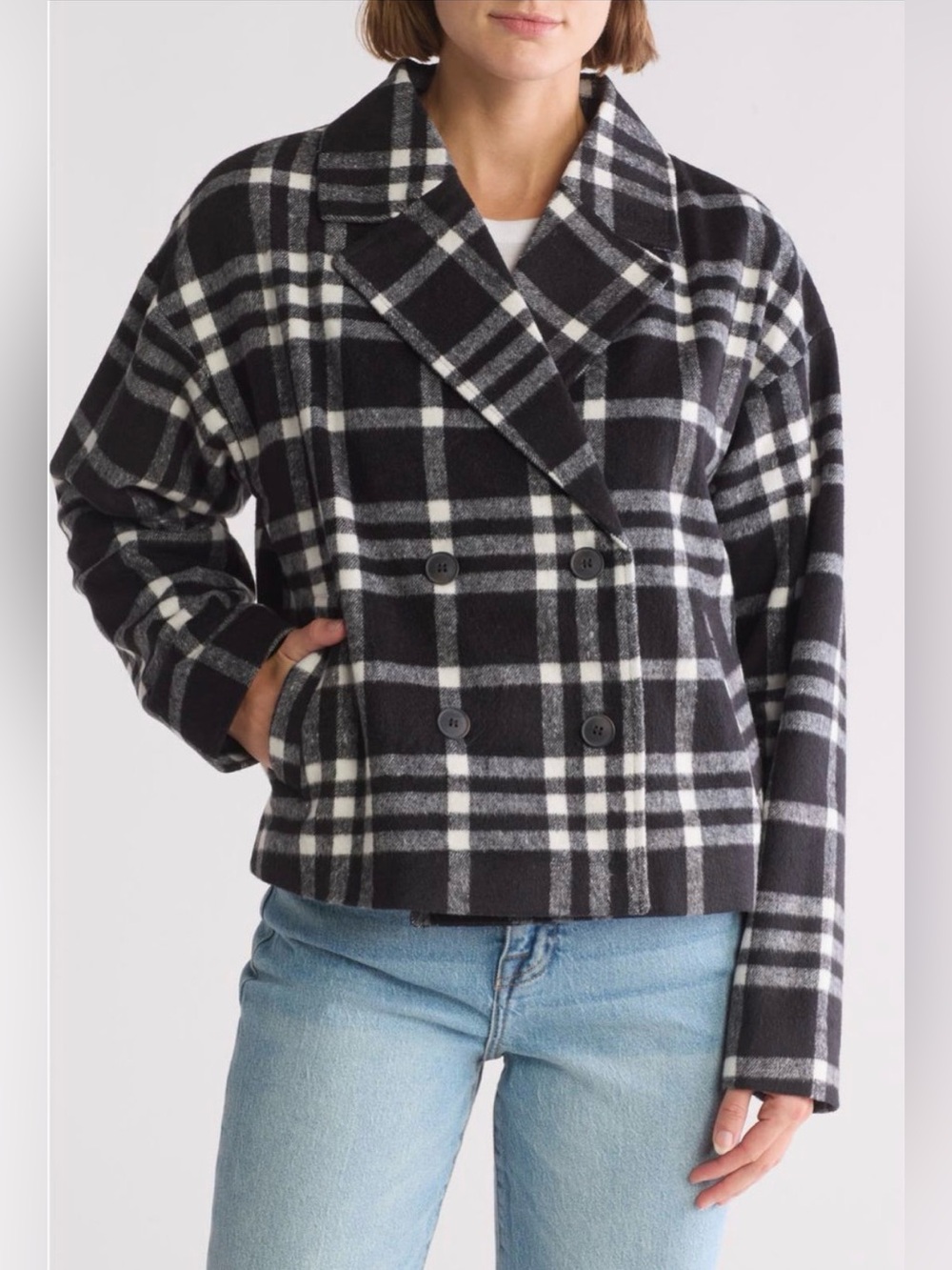Thread & Supply Plaid Boxy Peacoat in Black/White Size Large NWT